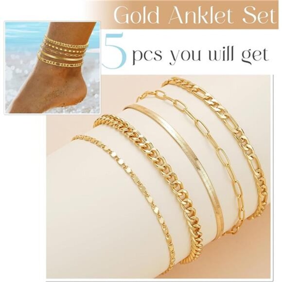Gold Anklet Set for Women Waterproof Layered Cuban Chain Adjustable Jewelry - Picture 5 of 6